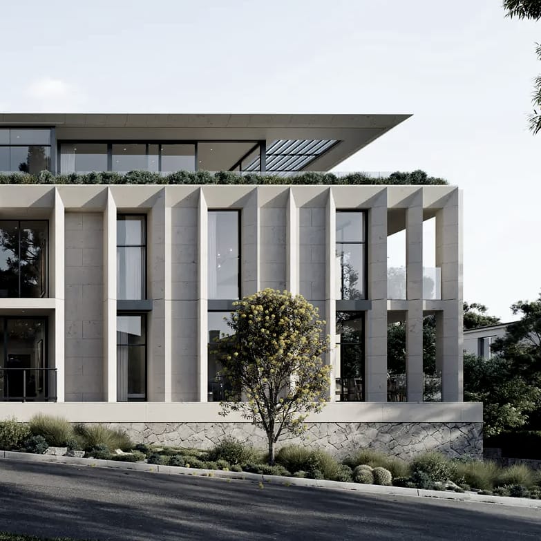 Render of the apartment building from across the street, showing its regular rhythm of pale columns and recessed glass balconies