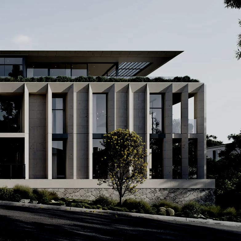Render of the apartment building from across the street, showing its regular rhythm of pale columns and recessed glass balconies